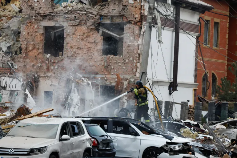 Missile trails light up the night sky over Kyiv during the drone attack