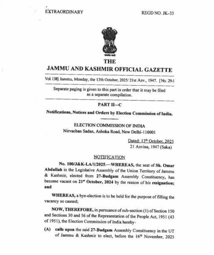 J&K Official Gazette Bypoll Details