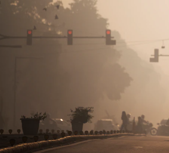 Delhi pollution skyline at night