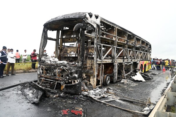 Charred Bus Remains at accident site in Kurnool