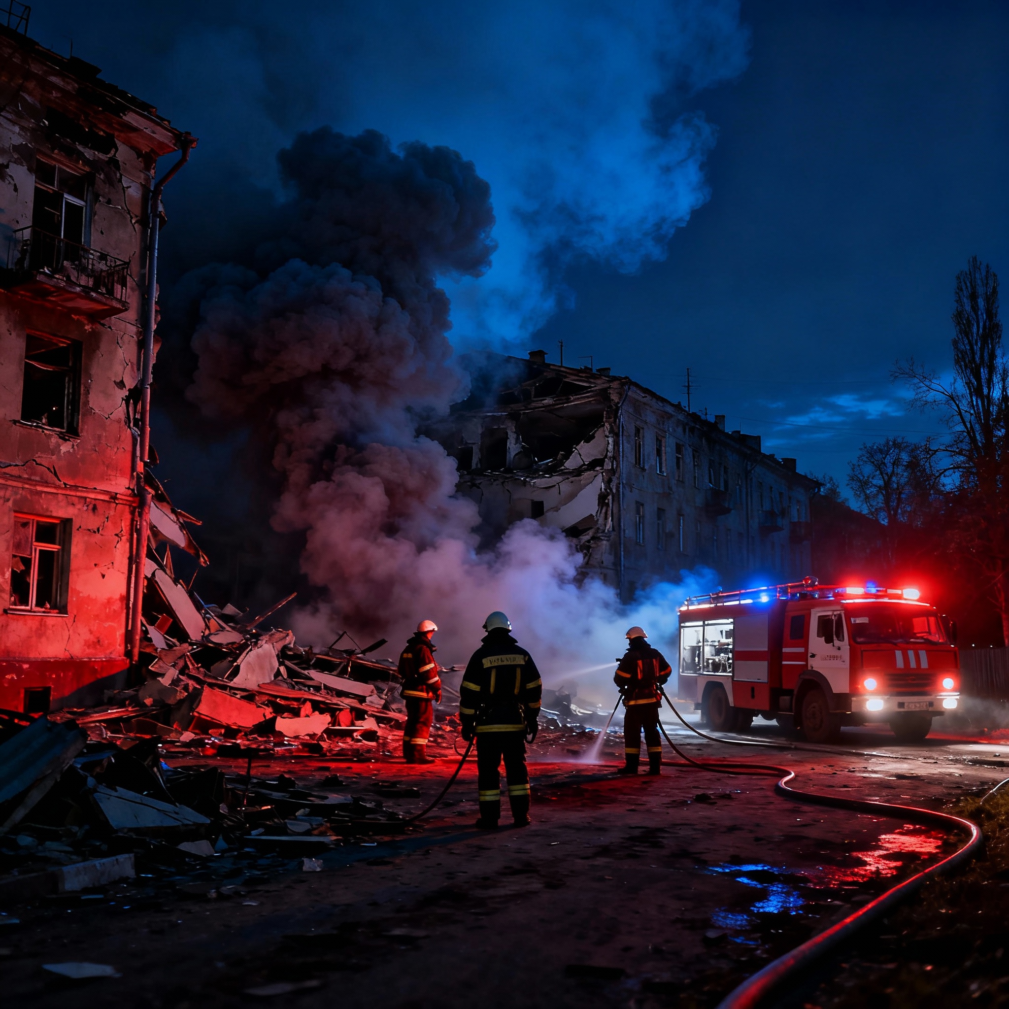 Firefighters work at the site of a Russian missile attack in Lviv, Ukraine