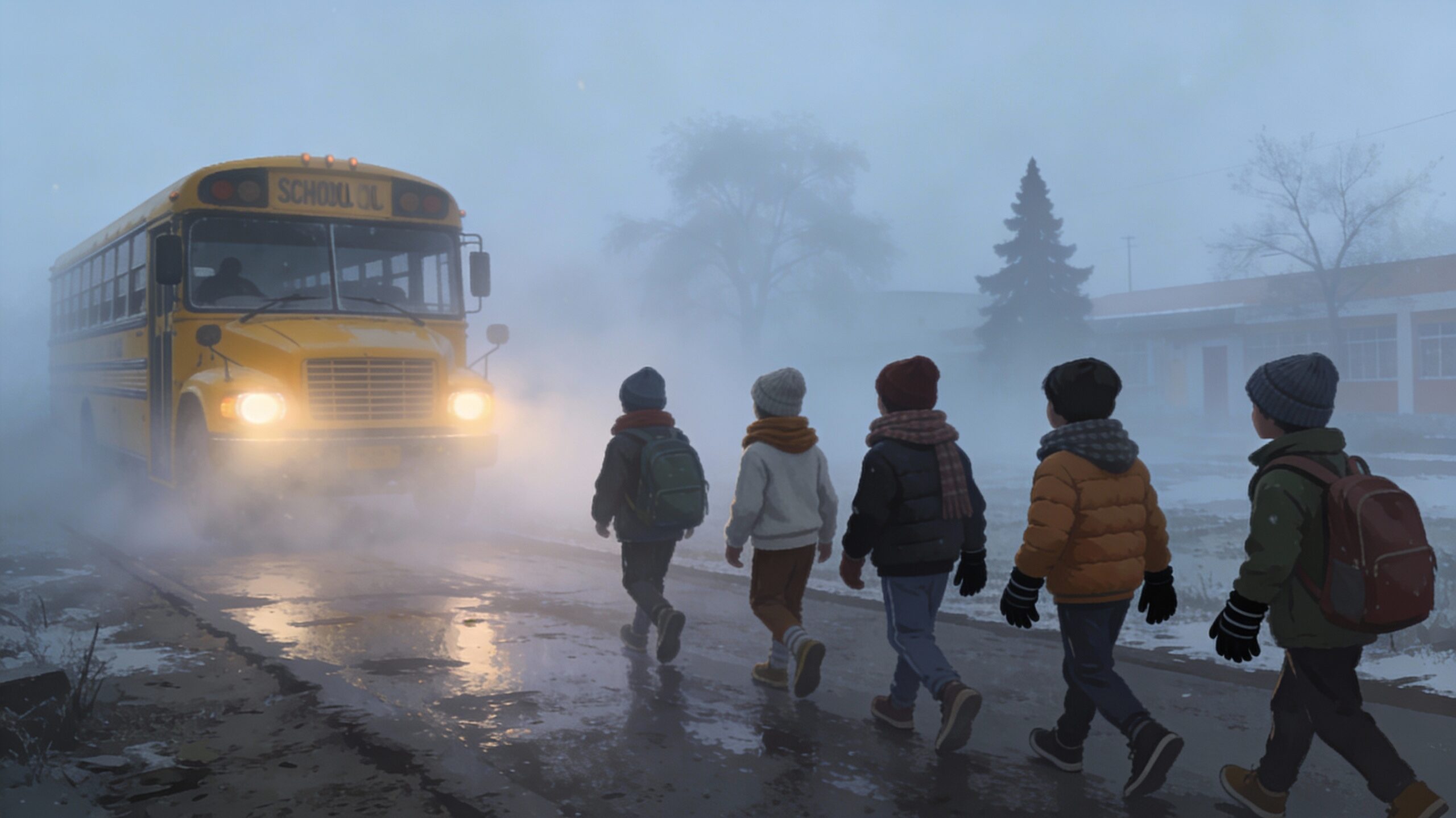 Children in winter clothes walking near a school bus on a foggy North Indian morning
