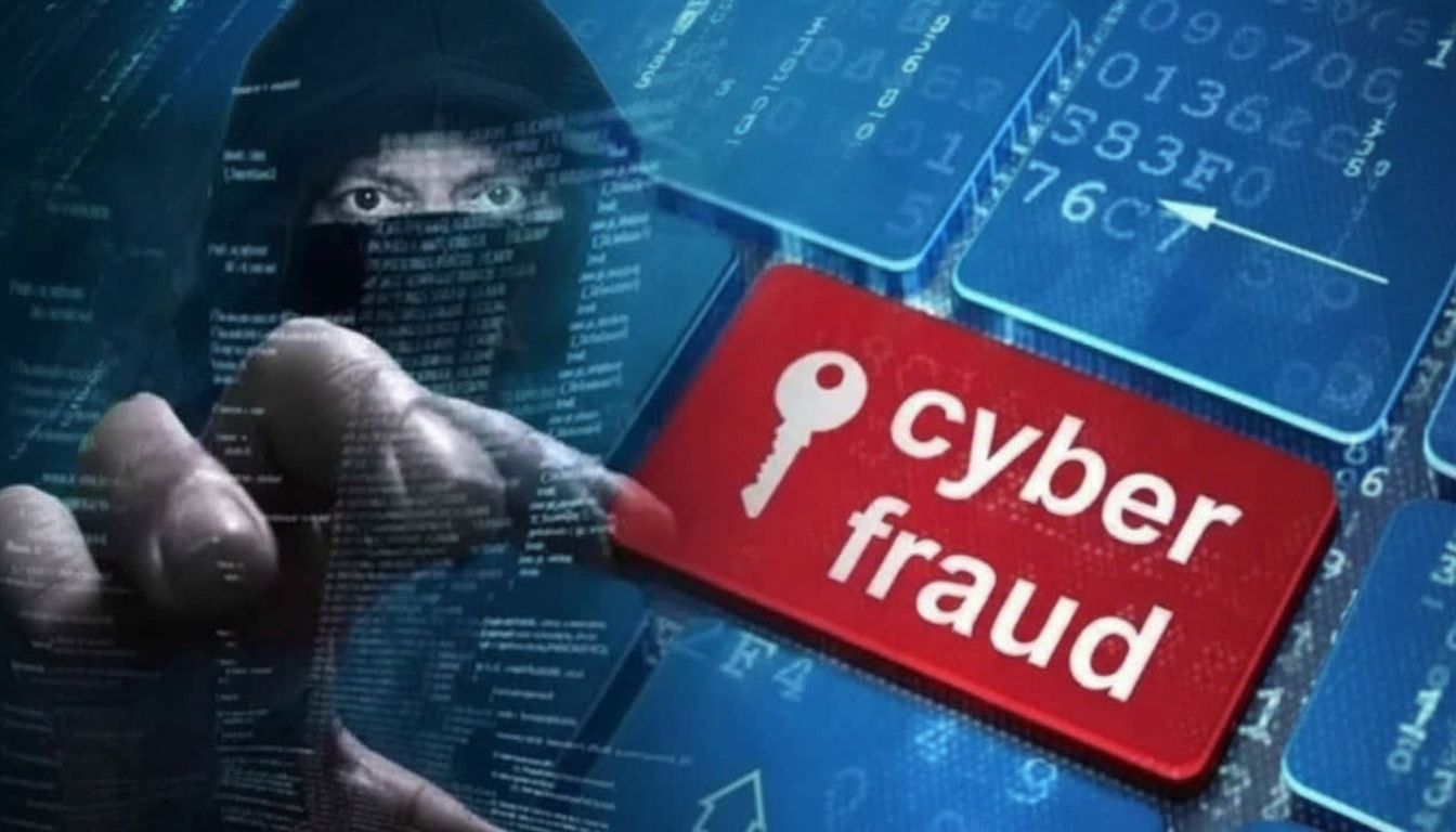 Cyber crime crackdown illustration with police and digital background