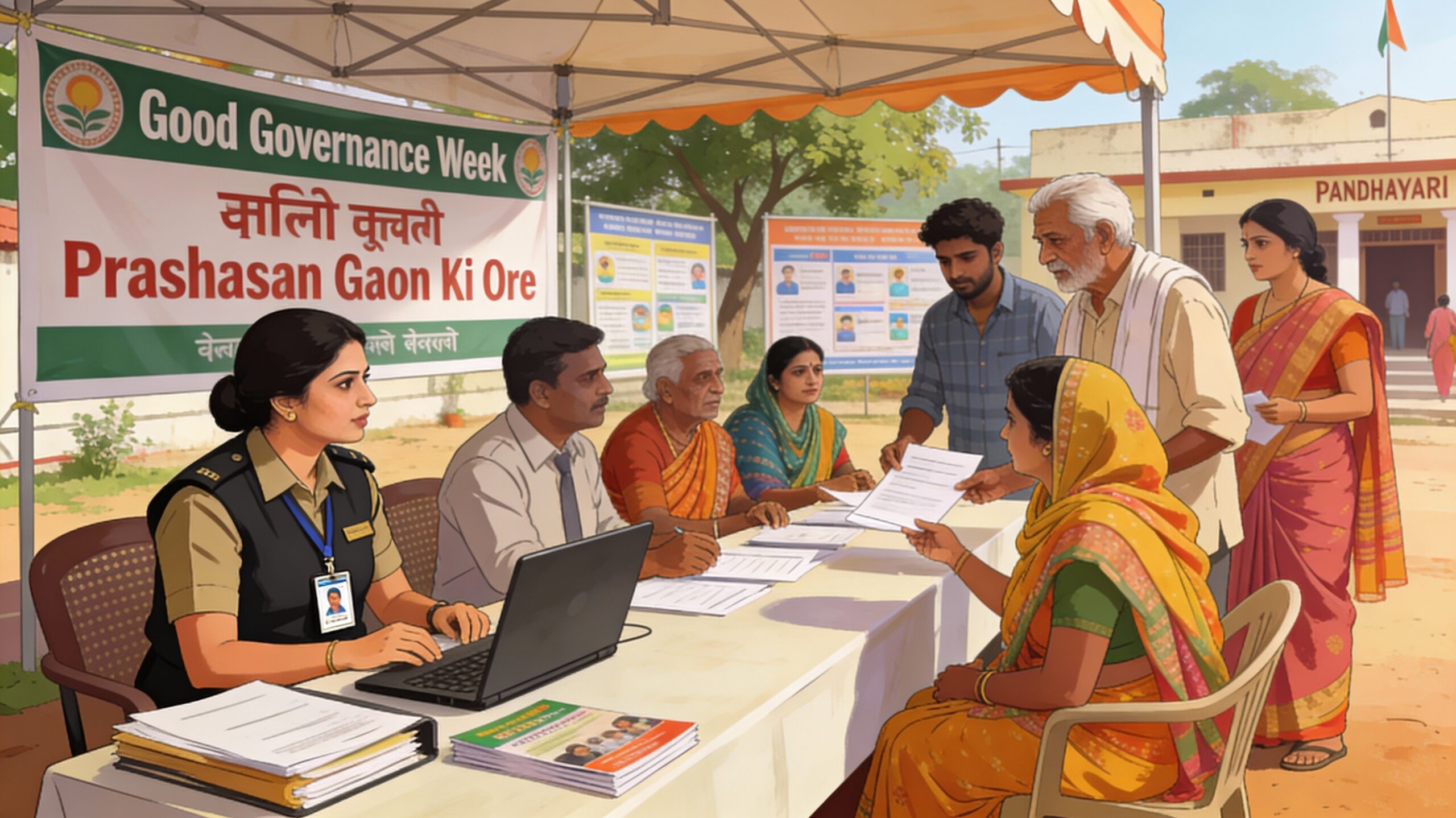 District officials interacting with villagers at an outdoor public service camp under Good Governance Week