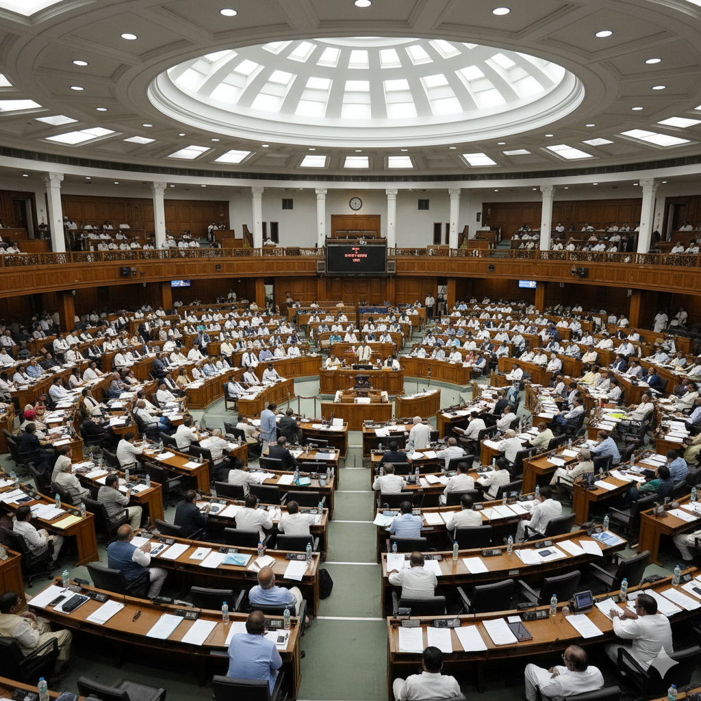 Wide view of Punjab Vidhan Sabha in session with MLAs seated and Speaker chairing the proceedings