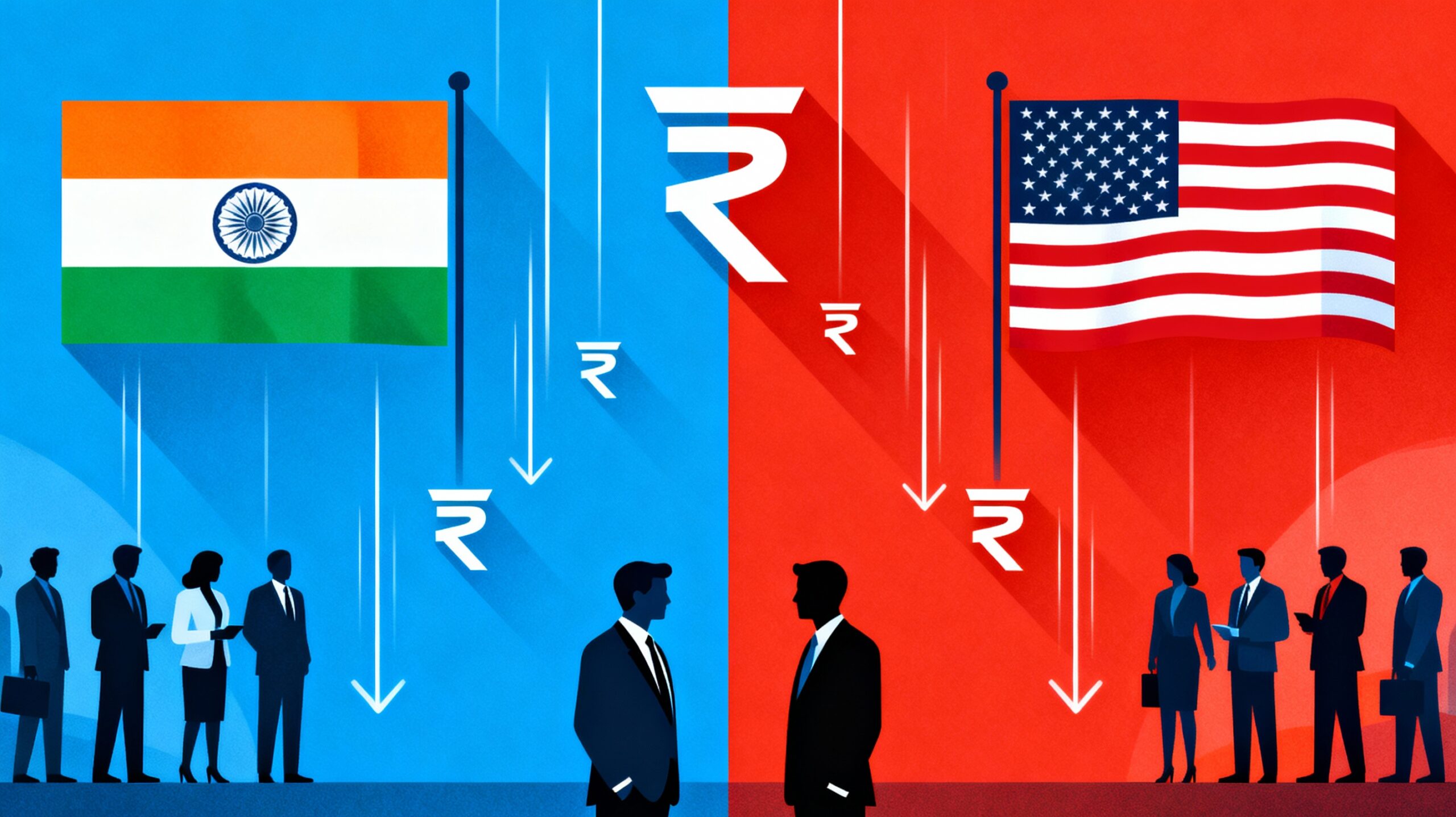 Flags of India and the United States with a falling rupee graph in the background