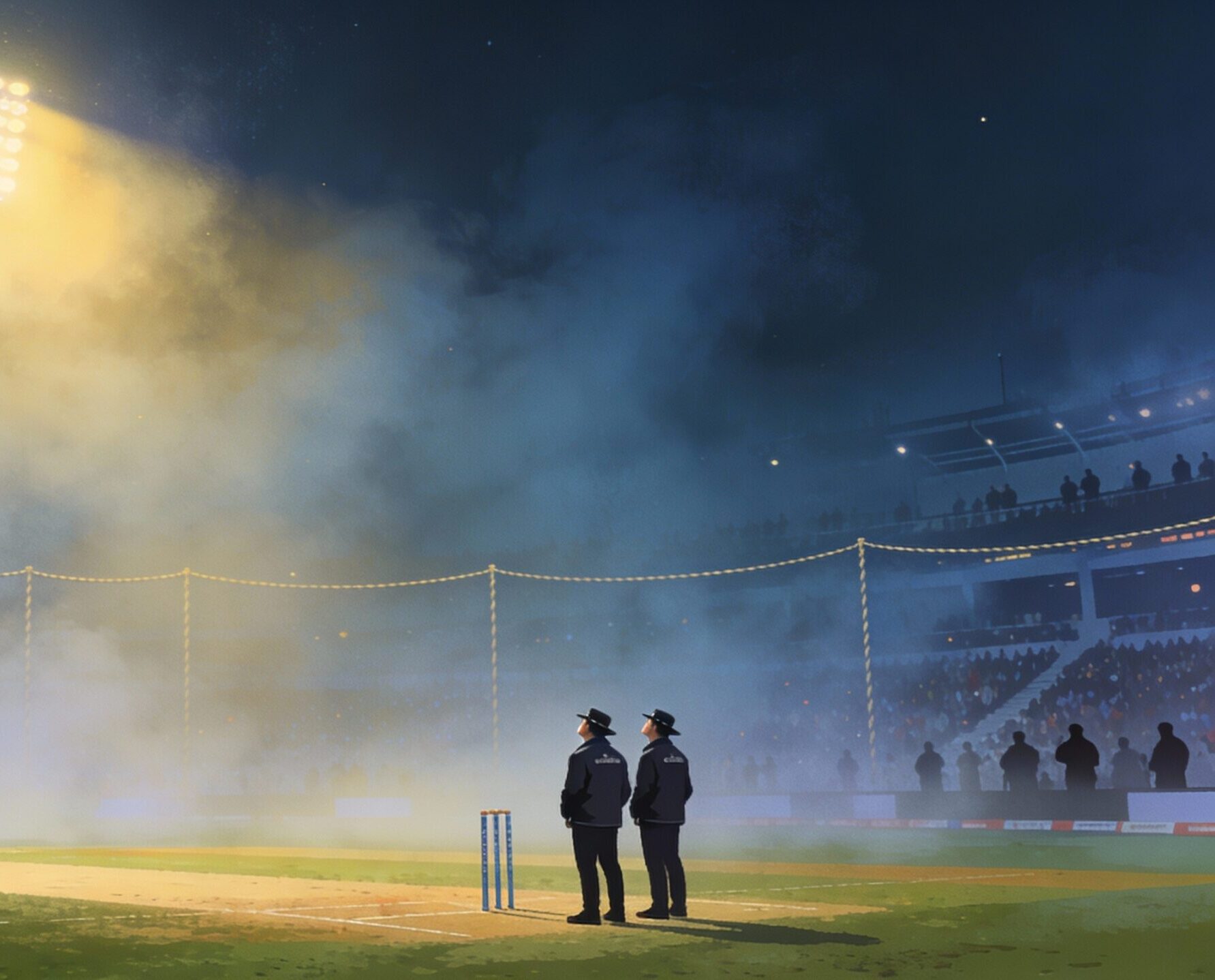 Fog-covered cricket stadium under floodlights with Umpires waiting near the pitch
