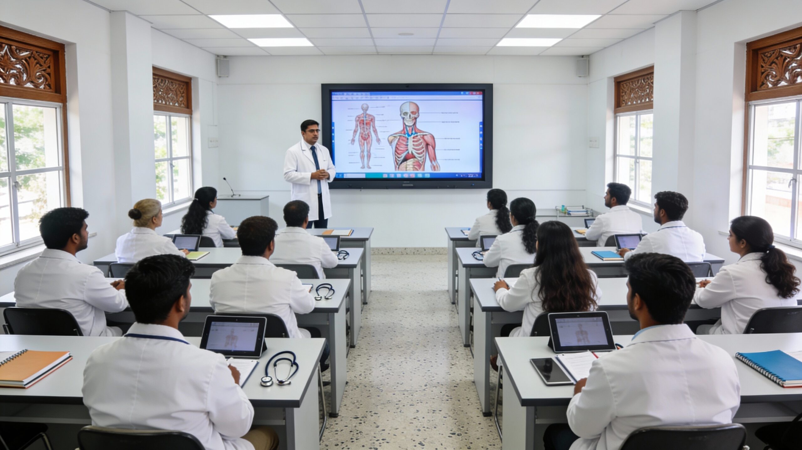 Medical students in white coats attending a lecture in a modern Indian medical college classroom