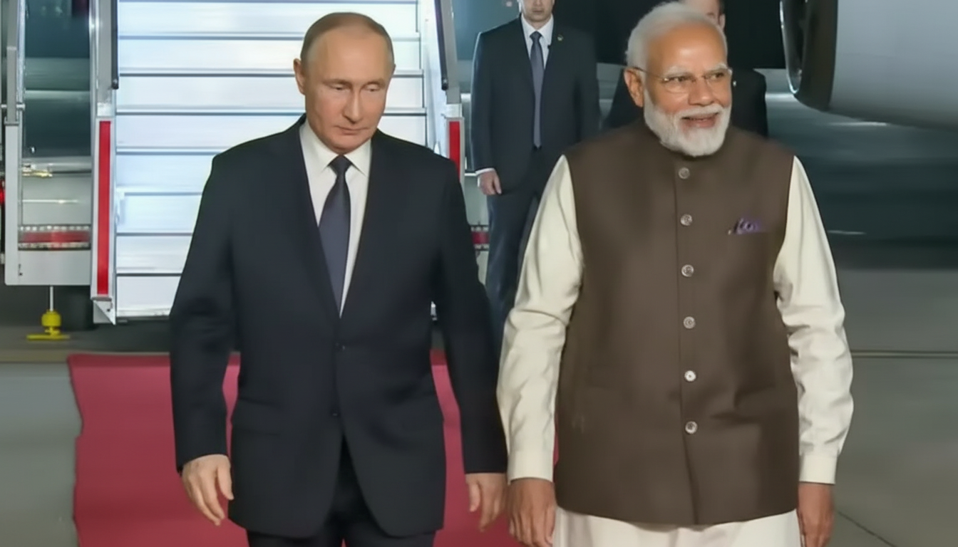 PM Narendra Modi receives Russian President Vladimir Putin at Delhi airport during state visit
