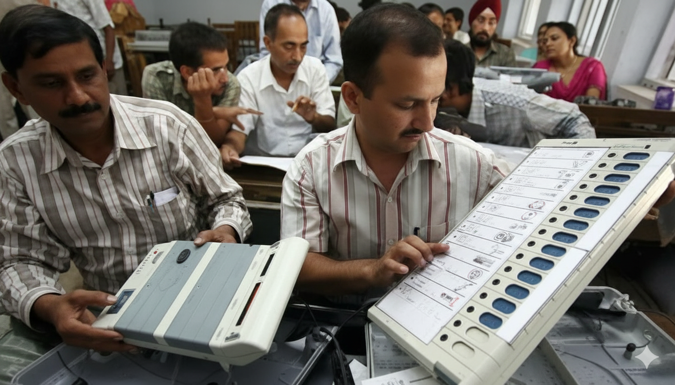 Officials and party agents inside a counting centre during Maharashtra civic body elections
