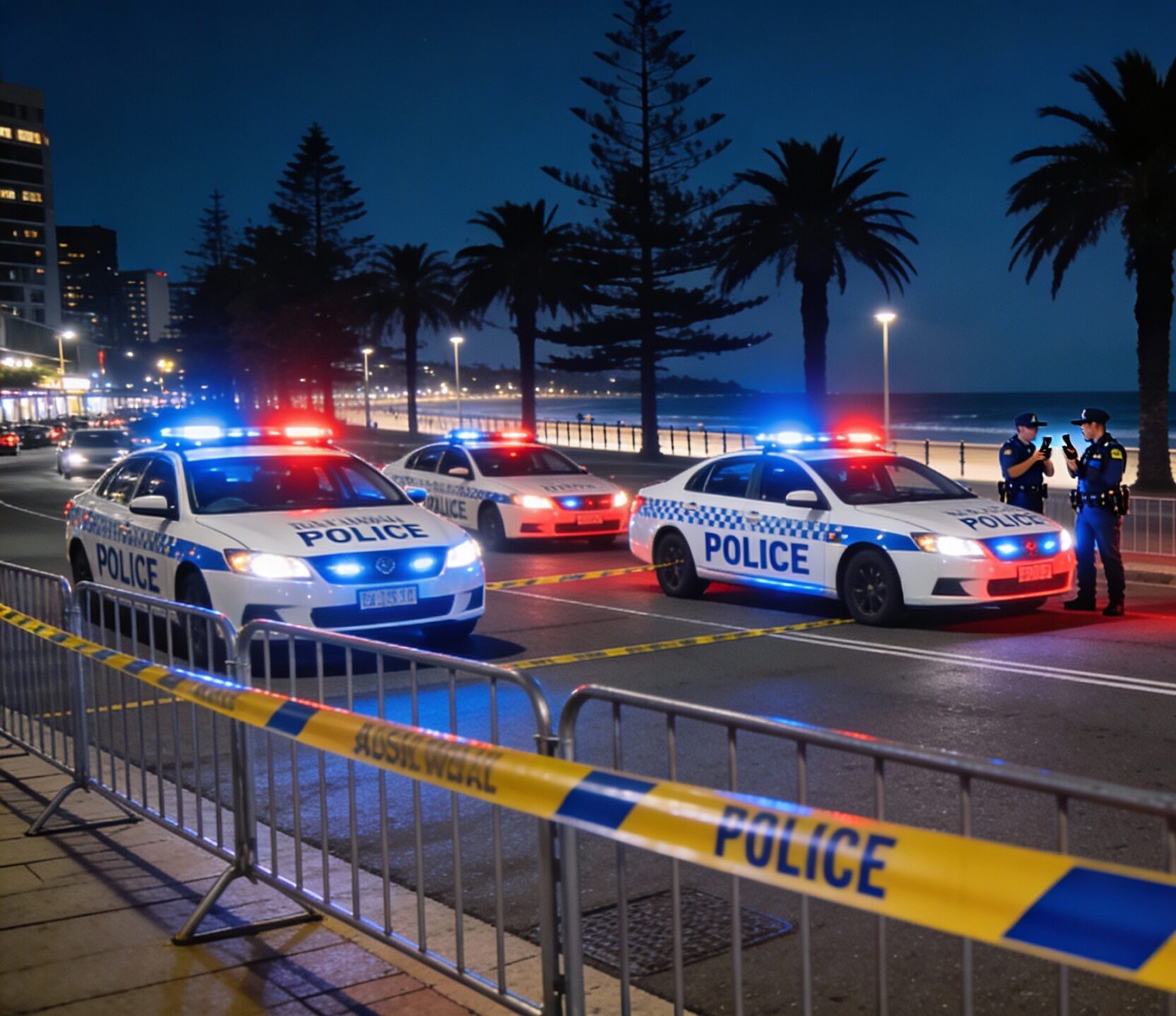 Police vehicles with flashing lights near a cordoned-off street close to a beach at night