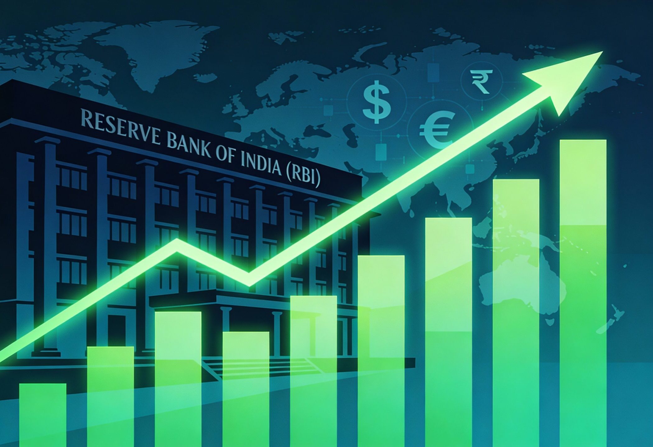Representational image showing RBI building silhouette with an upward forex reserves graph overlay