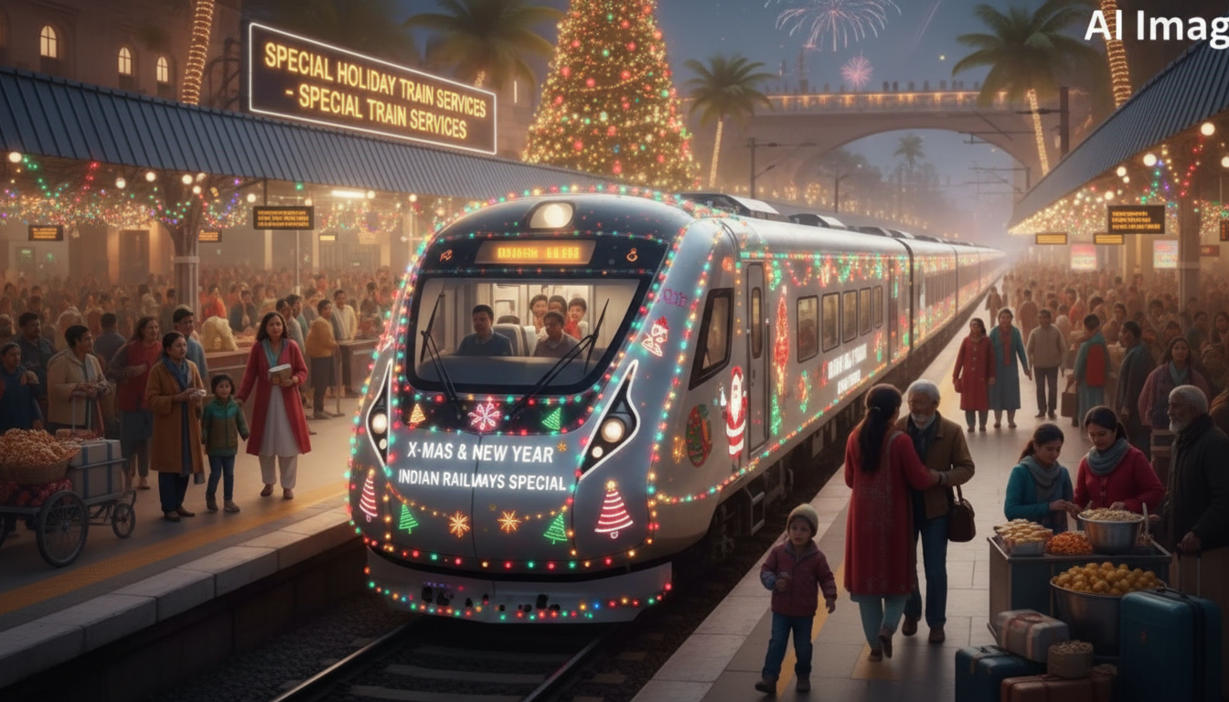 Crowd of passengers with luggage on a platform as an Indian Railways train waits at the station