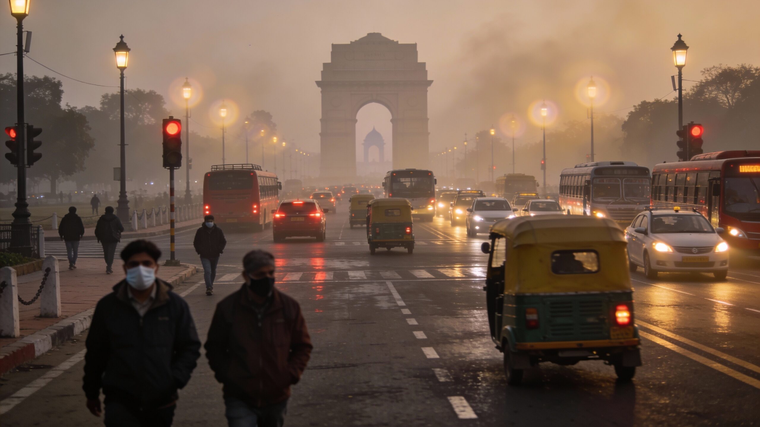 Cars and buses crawling through dense smog and fog on a Delhi road during early morning hours