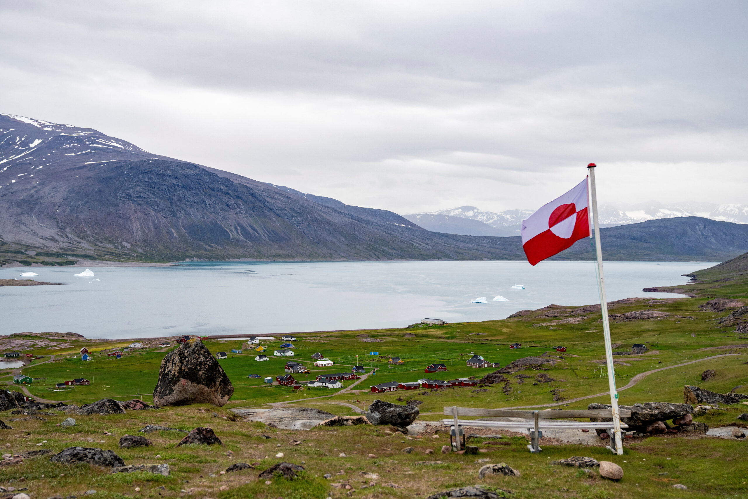 Icebergs near Greenland with flags of US and Denmark concept