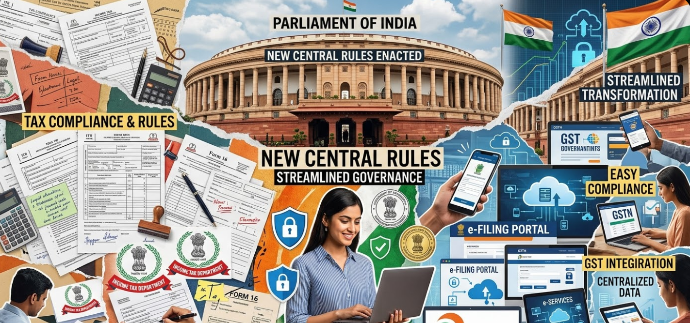 Collage of Parliament, tax forms and digital services representing new central rules