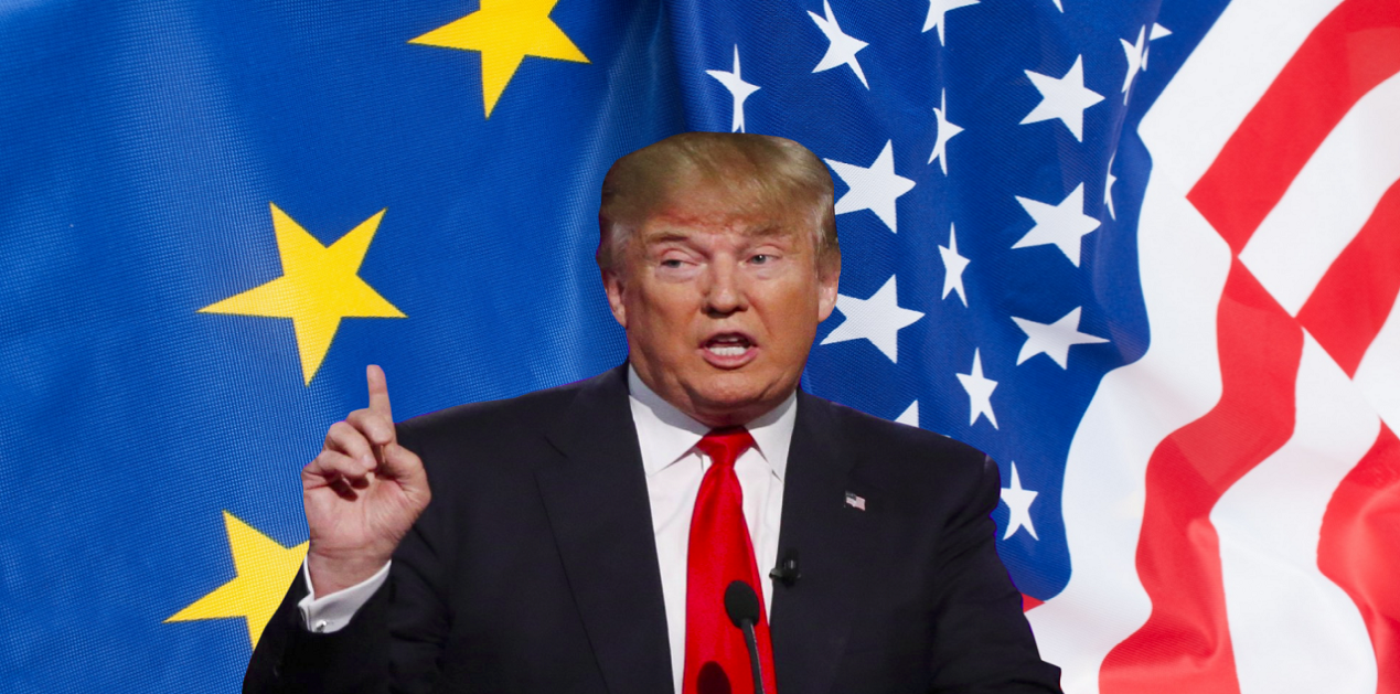 Donald Trump at a podium with NATO and EU flags in the background