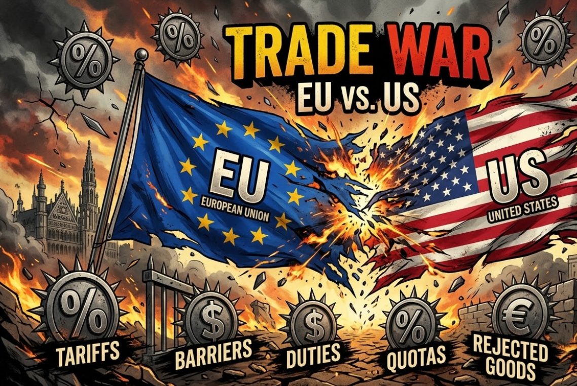 EU and US flags clashing with tariff symbols, trade war graphic