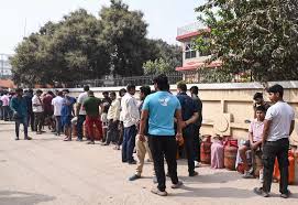 LPG cylinders stacked for distribution in India