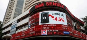 Home 89 Red stock market board at BSE with crude oil barrel graphic and HDFC Bank logo