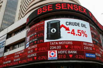 Red stock market board at BSE with crude oil barrel graphic and HDFC Bank logo