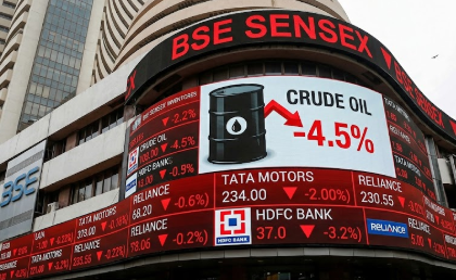 Red stock market board at BSE with crude oil barrel graphic and HDFC Bank logo