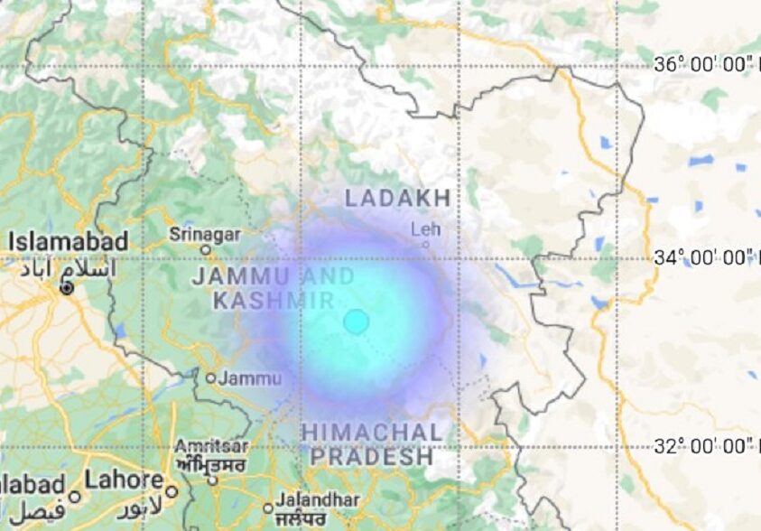 Shaky building outline with a cross‑hatched '3.9' magnitude symbol over Jammu Kashmir map, no damage reported