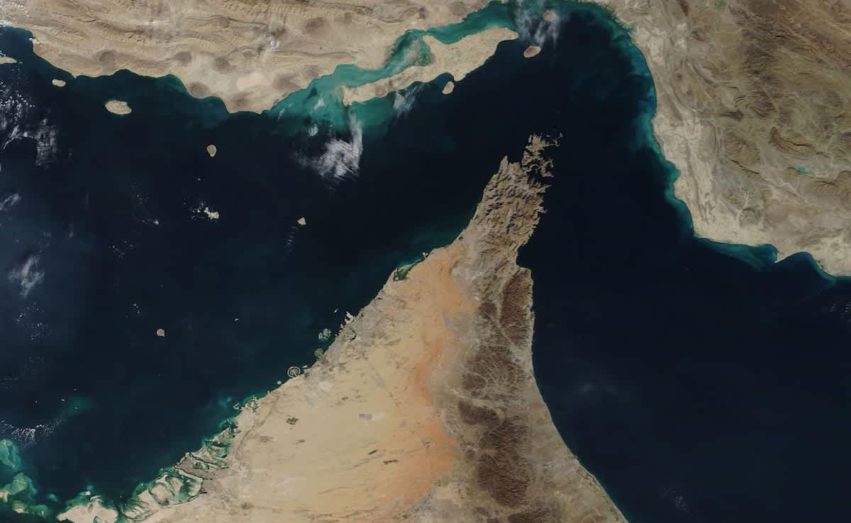 Satellite image map of the Strait of Hormuz between Iran and the Arabian Peninsula