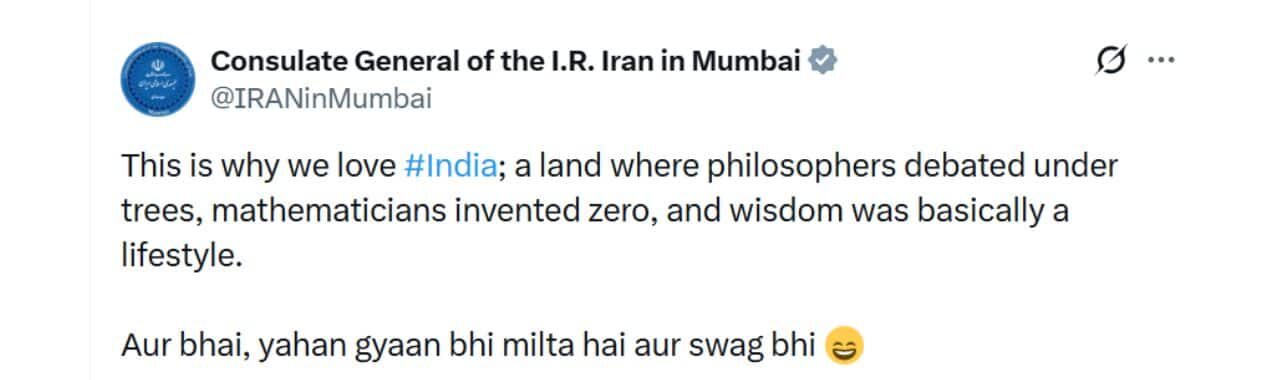 Screenshot of X post by Consulate General of Iran in Mumbai praising India with Hindi text